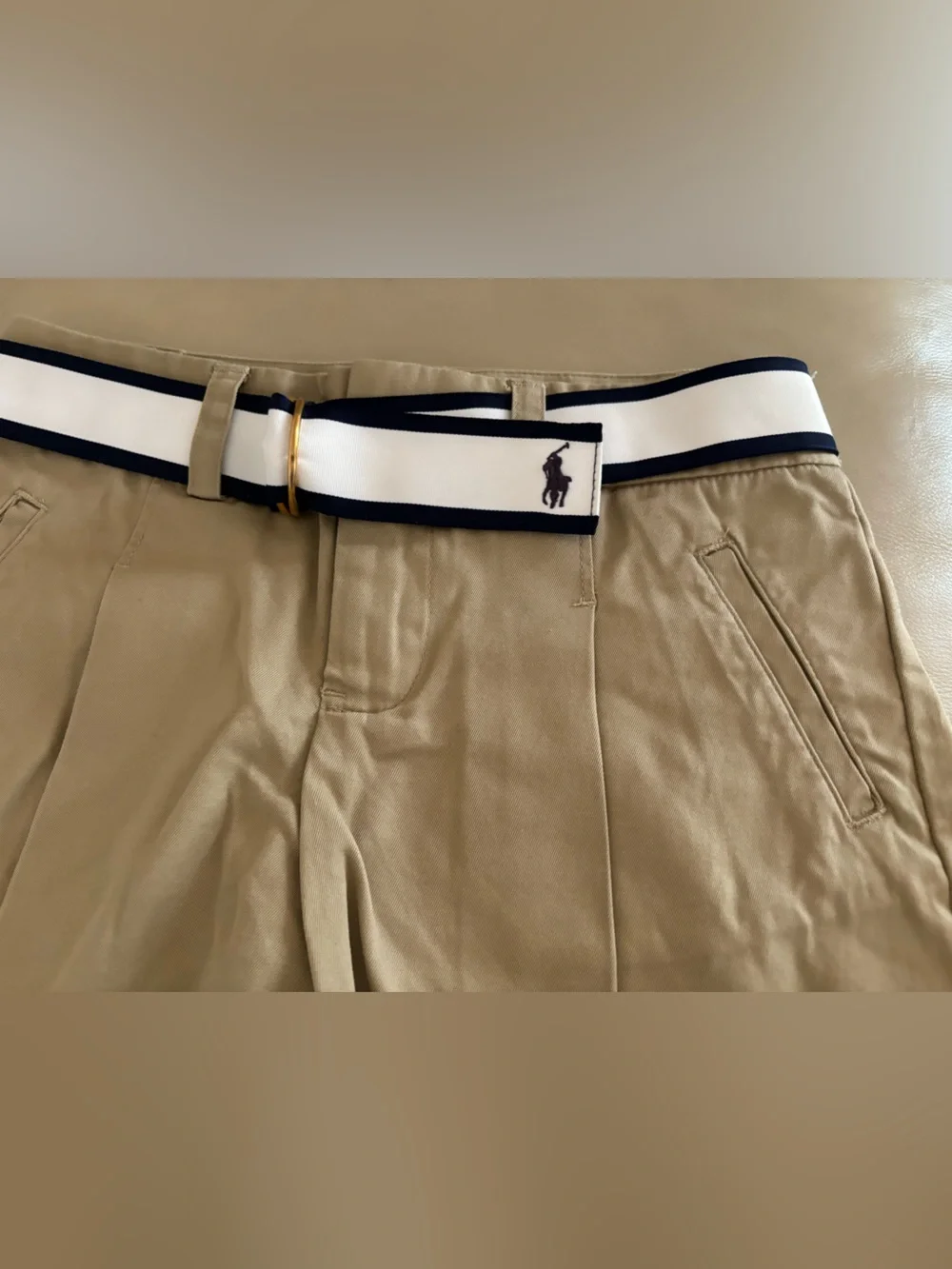 ✨New✨Ralph Lauren Tan Pleated Chinos with White & Navy Stripe Belt✨